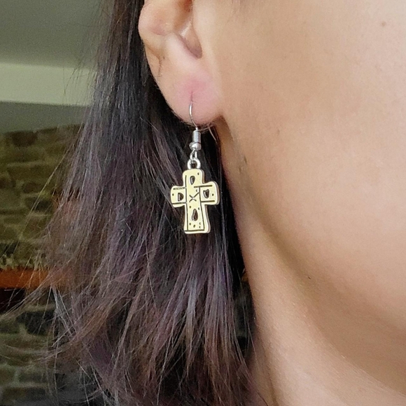 Pair of Silver Tic Tac Toe Cross Drop Hook Earrings - Picture 7 of 8
